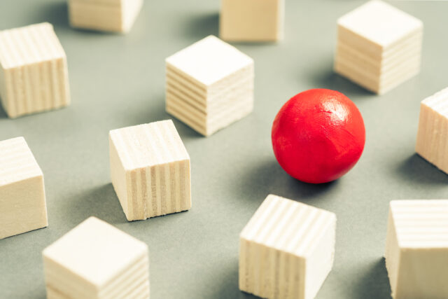 Unique,Red,Sphere,In,A,Group,Of,Sqaure,Cubes,,Small Unique