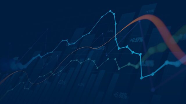 Widescreen Abstract financial graph with uptrend line and bar chart of stock market on blue color background BioStock lists the strongest and the weakest stocks in life science of 2023.